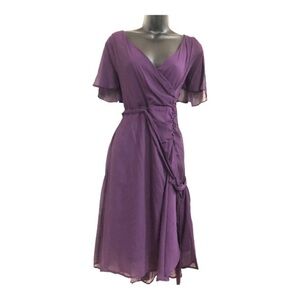 DKNY purple flutter sleeve belted side butoned wispy beautiful wrap dress size 8